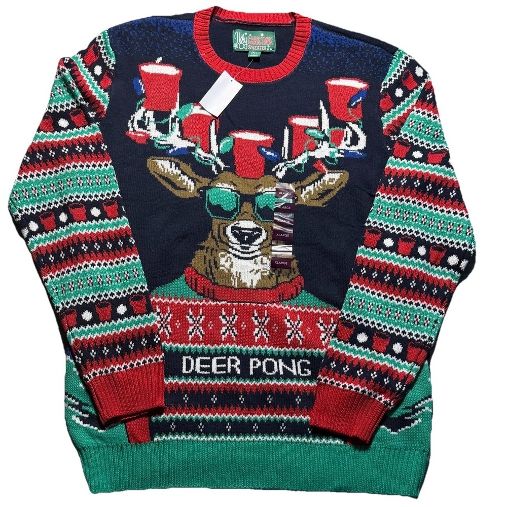New Ugly Christmas Sweater XL Deer Pong Beer Cup Reindeer Holiday Party